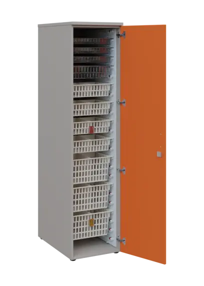 EUROMEDICA D - 46 skříň léková boxová, 1-dveřová, pravá, 1950x460x735, korpus šedý, dvířka mandarinka